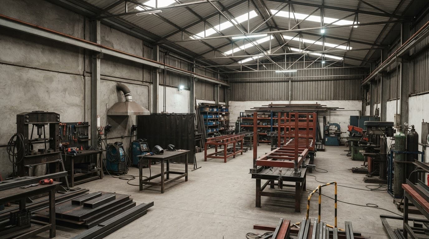 Fabrication workshop with welding bays and partially assembled material handling equipment frames